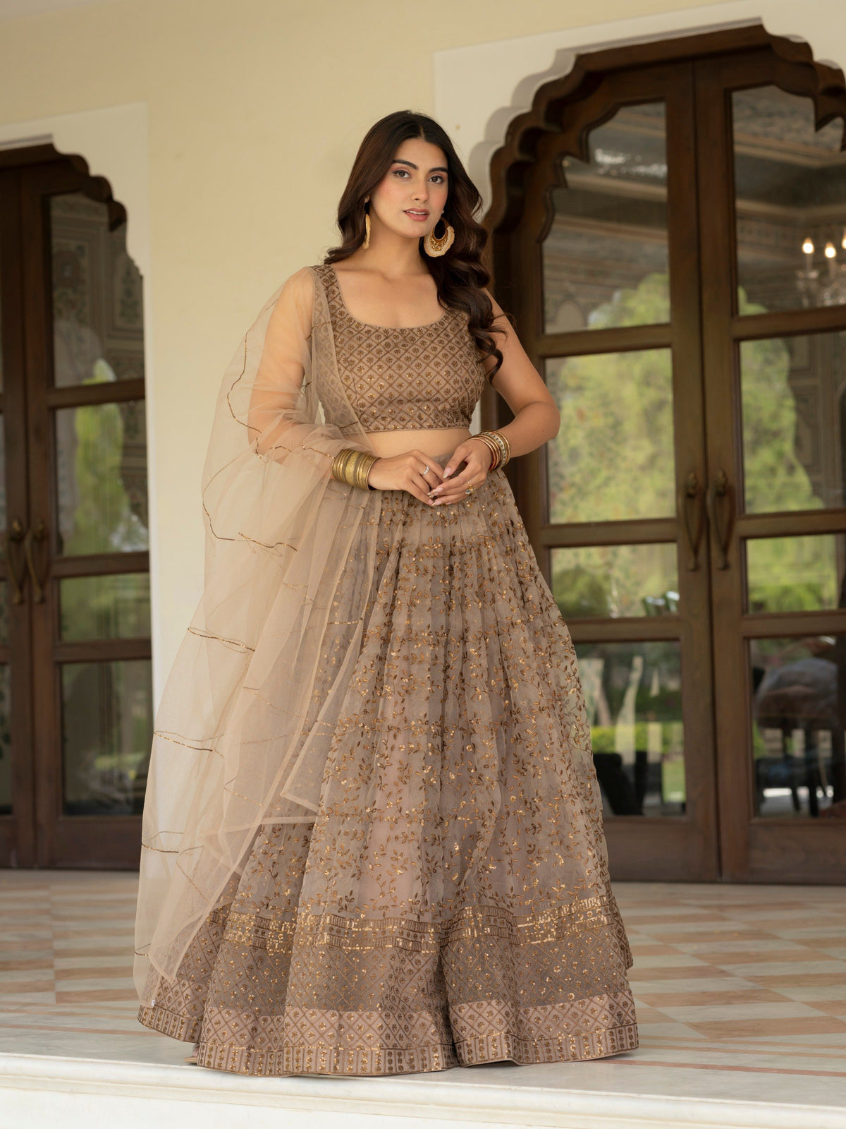 Brown Sequins Embroidered Lehenga Choli with Dupatta for Women Party Wear