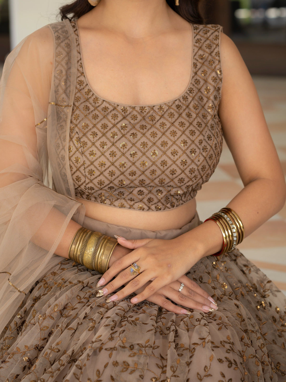 Brown Sequins Embroidered Lehenga Choli with Dupatta for Women Party Wear