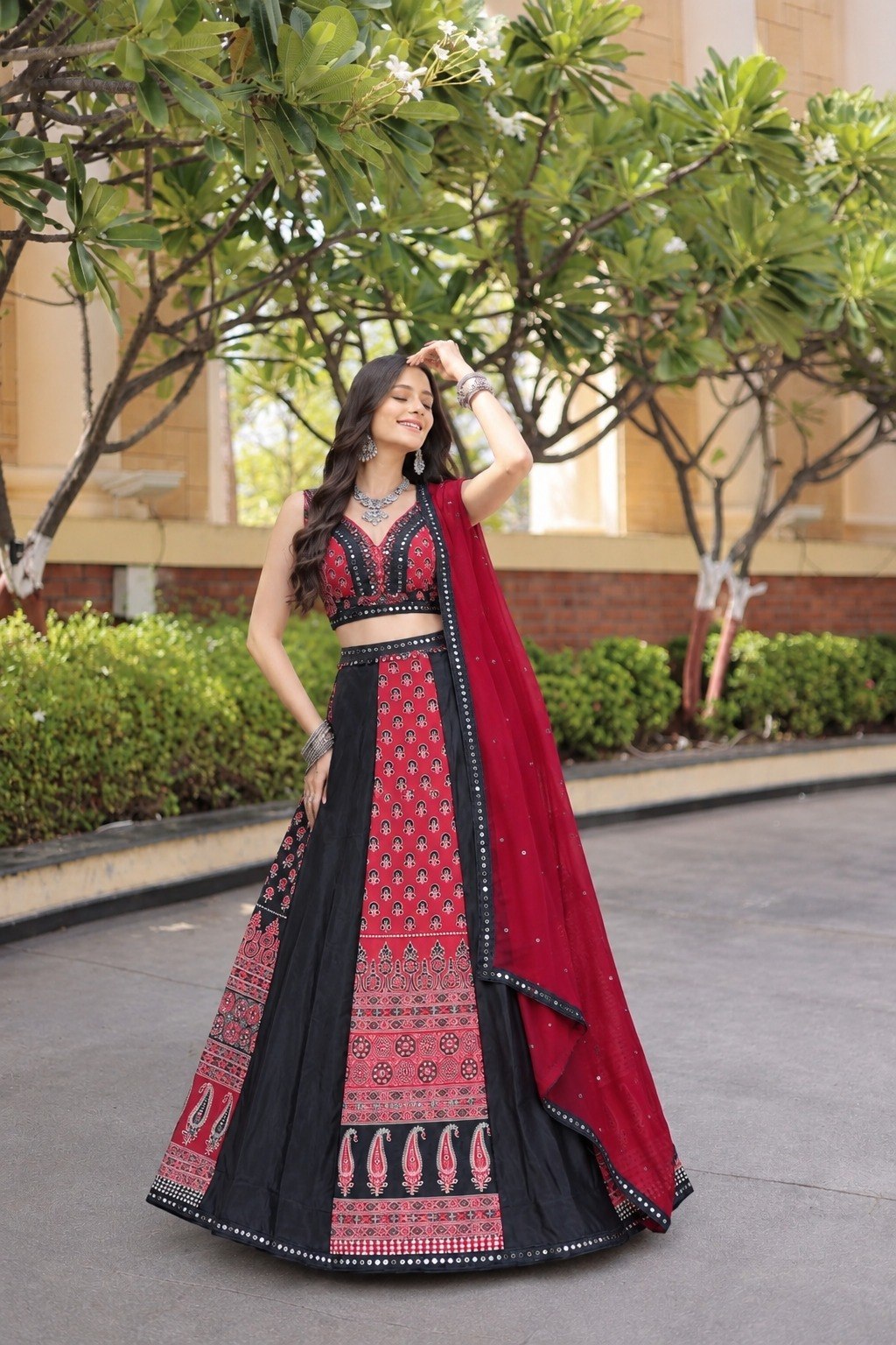 Navratri Chaniya Choli Black Red Printed Semi Stitched Lehenga for Garba