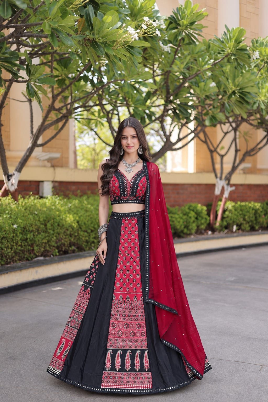 Navratri Chaniya Choli Black Red Printed Semi Stitched Lehenga for Garba