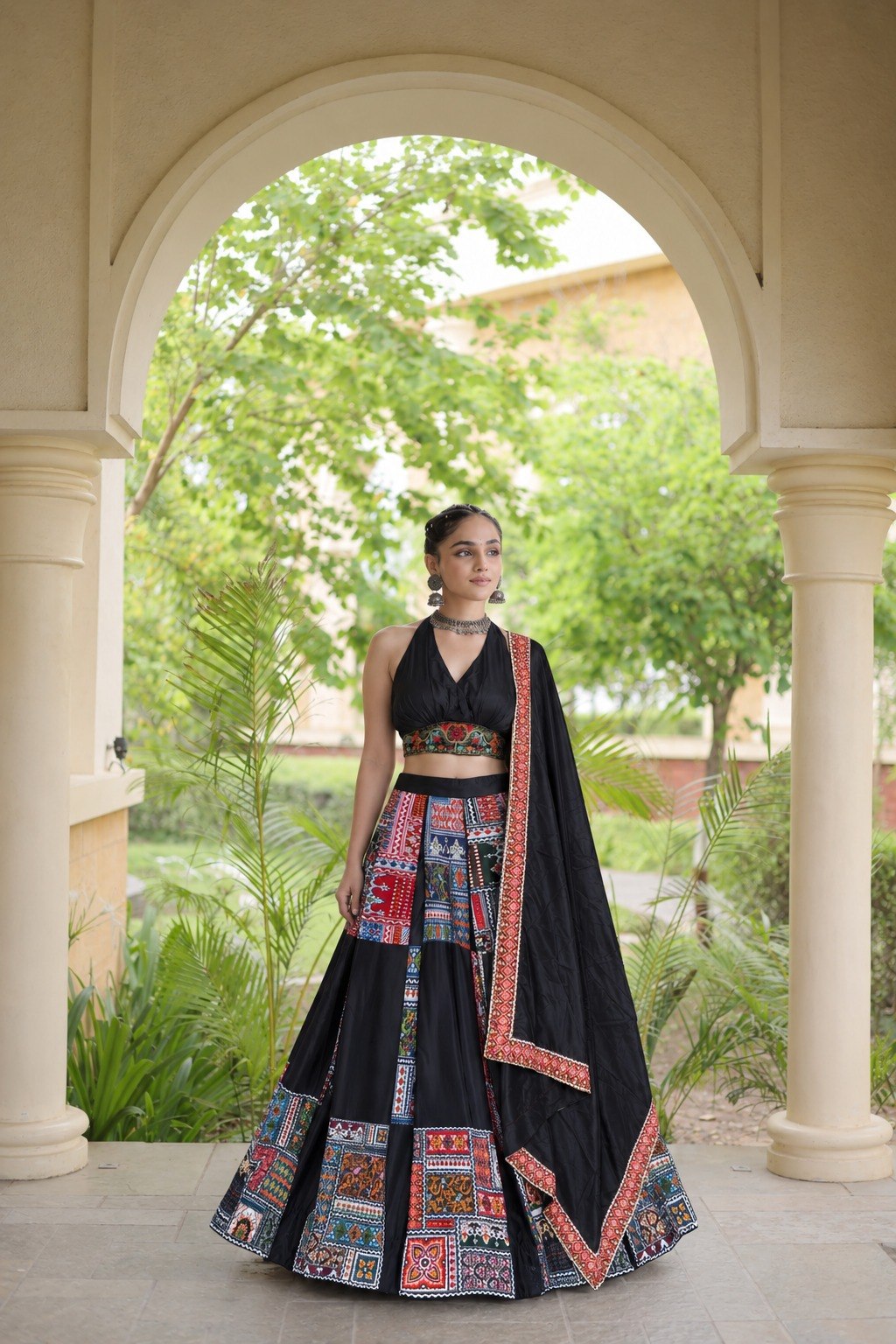 Navratri Chaniya Choli Black Patchwork Print Lehenga Choli for Garba Women