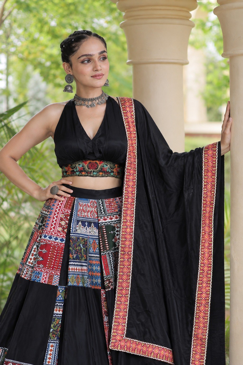 Navratri Chaniya Choli Black Patchwork Print Lehenga Choli for Garba Women