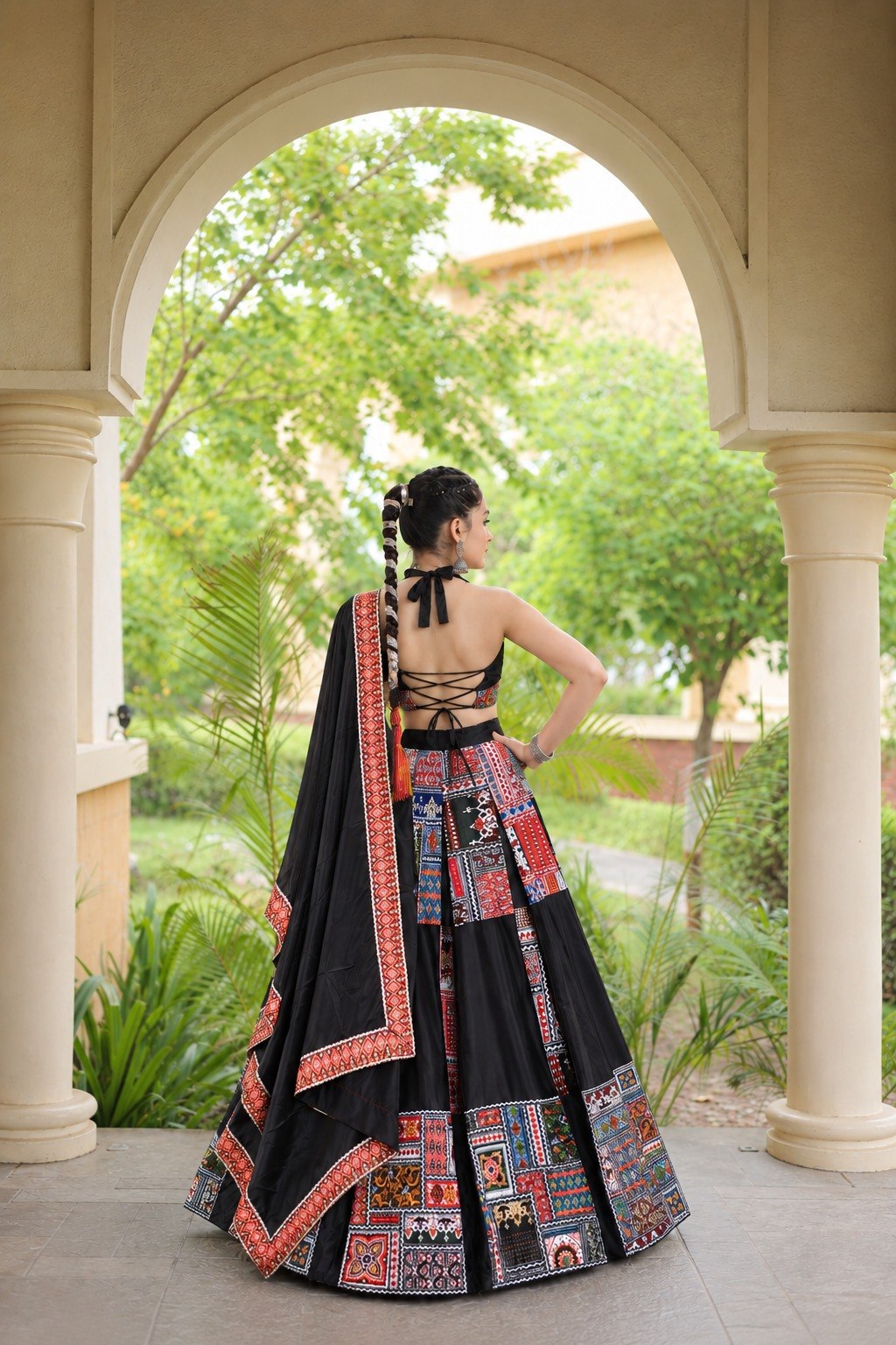 Navratri Chaniya Choli Black Patchwork Print Lehenga Choli for Garba Women