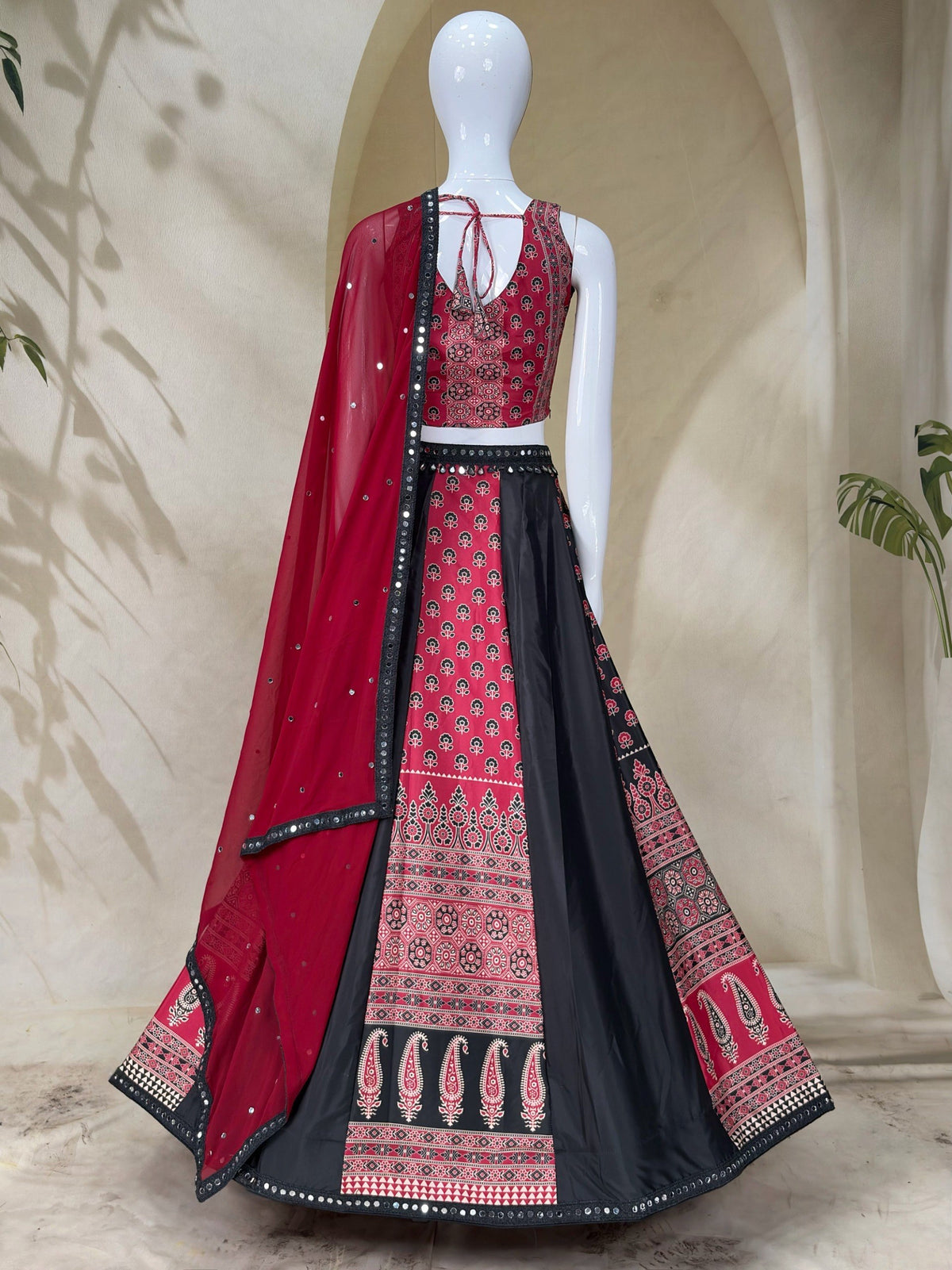 Navratri Chaniya Choli Black Red Printed Semi Stitched Lehenga for Garba
