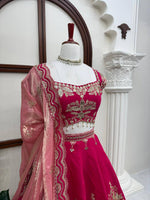Rani Pink Heavy Embroidered Bridal Lehenga Choli with Tissue Dupatta Wedding