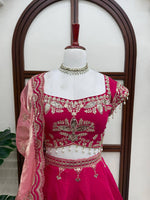 Rani Pink Heavy Embroidered Bridal Lehenga Choli with Tissue Dupatta Wedding