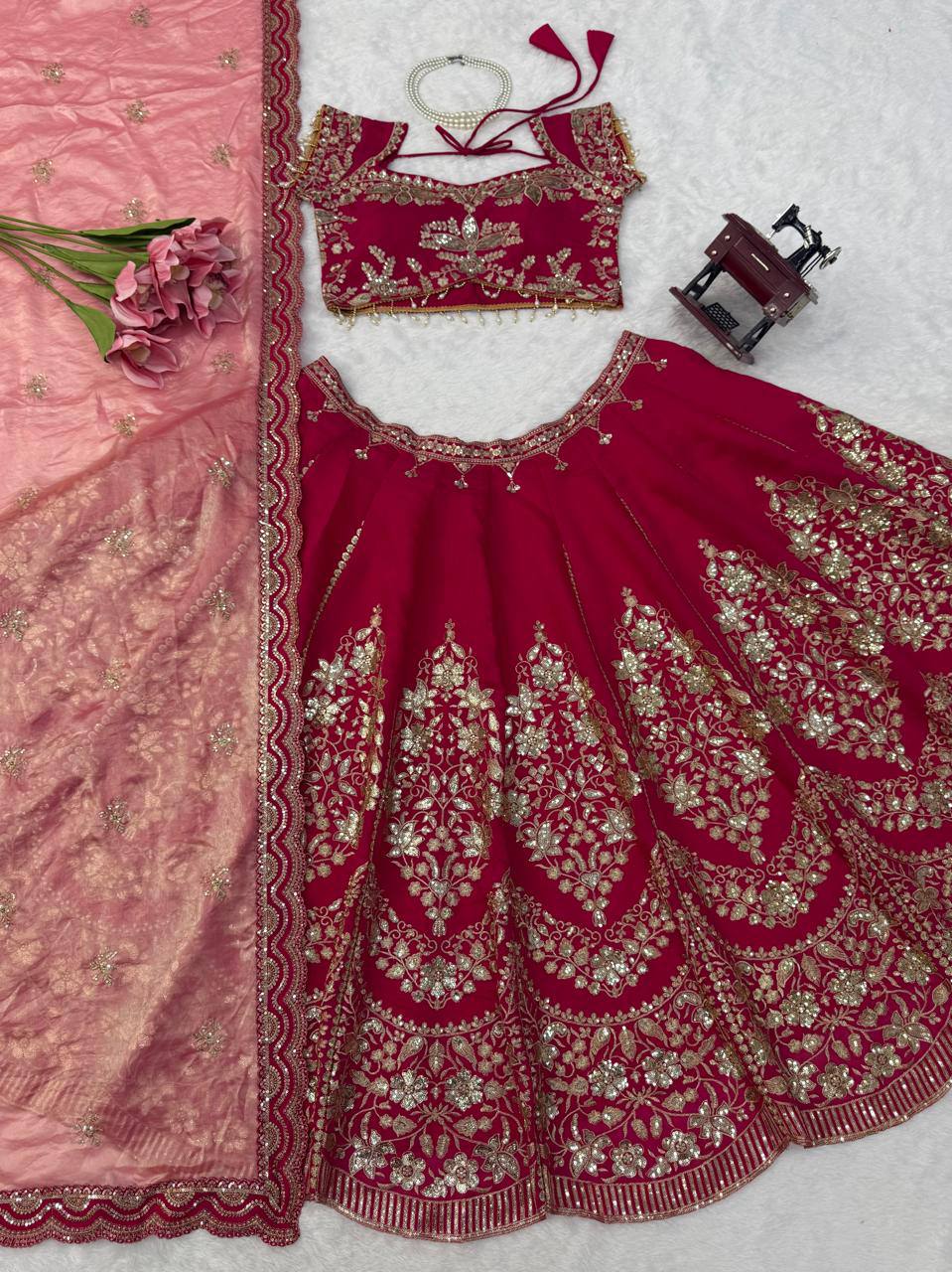 Rani Pink Heavy Embroidered Bridal Lehenga Choli with Tissue Dupatta Wedding