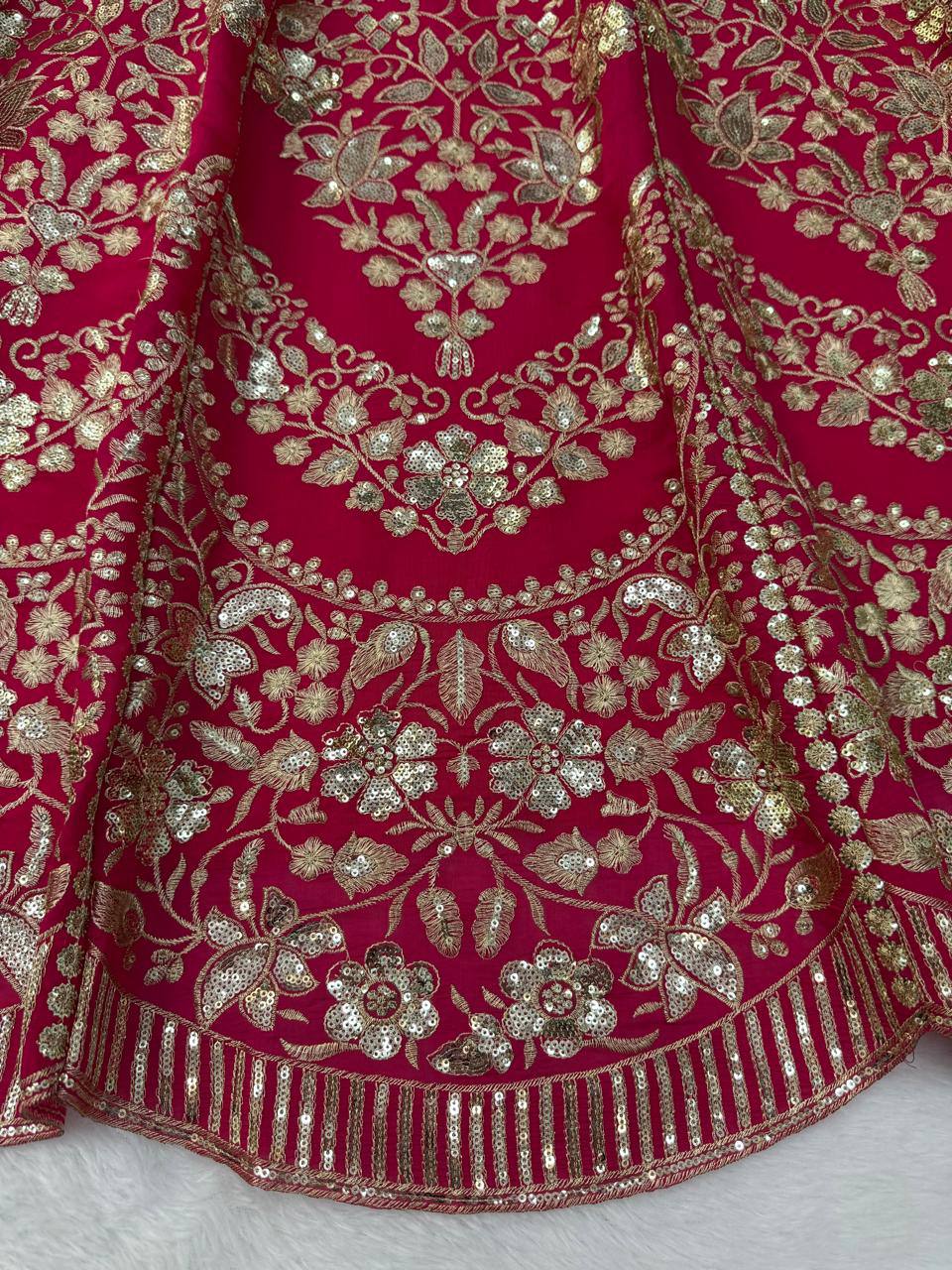 Rani Pink Heavy Embroidered Bridal Lehenga Choli with Tissue Dupatta Wedding