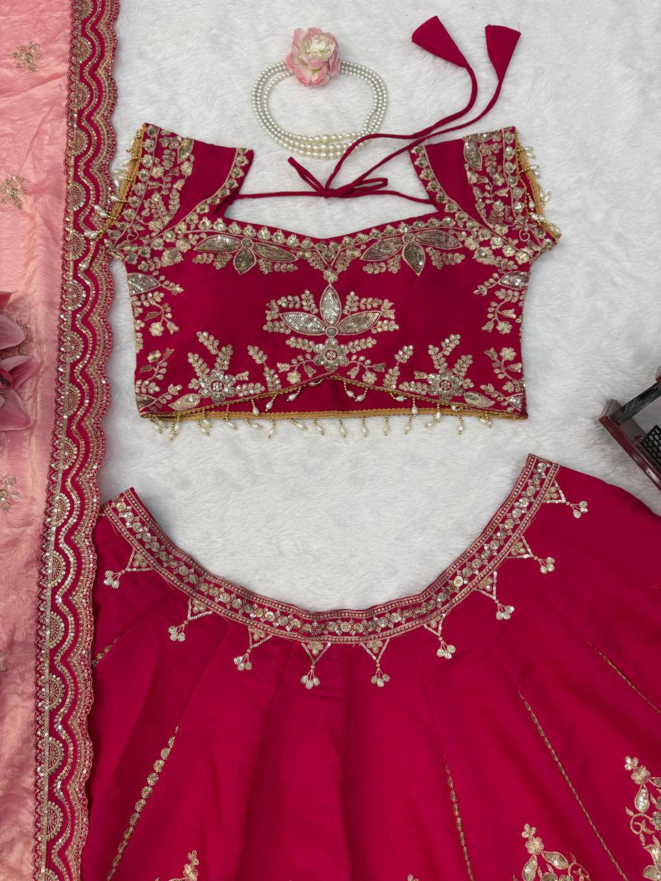 Rani Pink Heavy Embroidered Bridal Lehenga Choli with Tissue Dupatta Wedding
