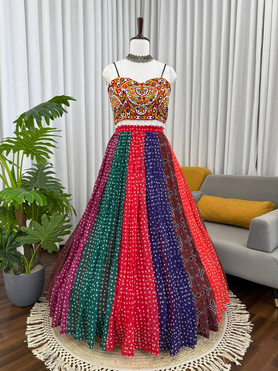 Navratri Multicolor Bandhani Print Chaniya Choli with Mirror Work Blouse Garba