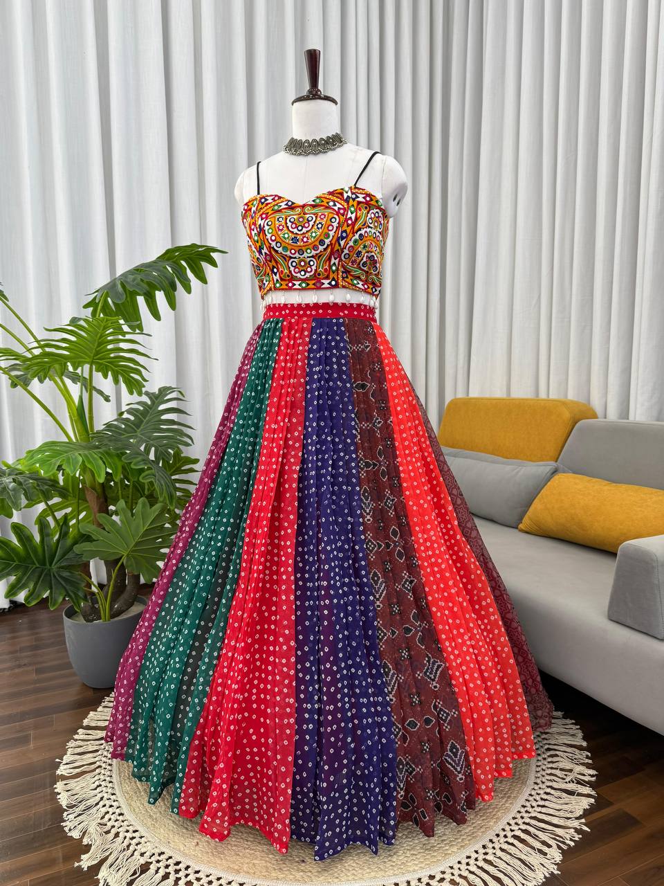 Navratri Multicolor Bandhani Print Chaniya Choli with Mirror Work Blouse Garba