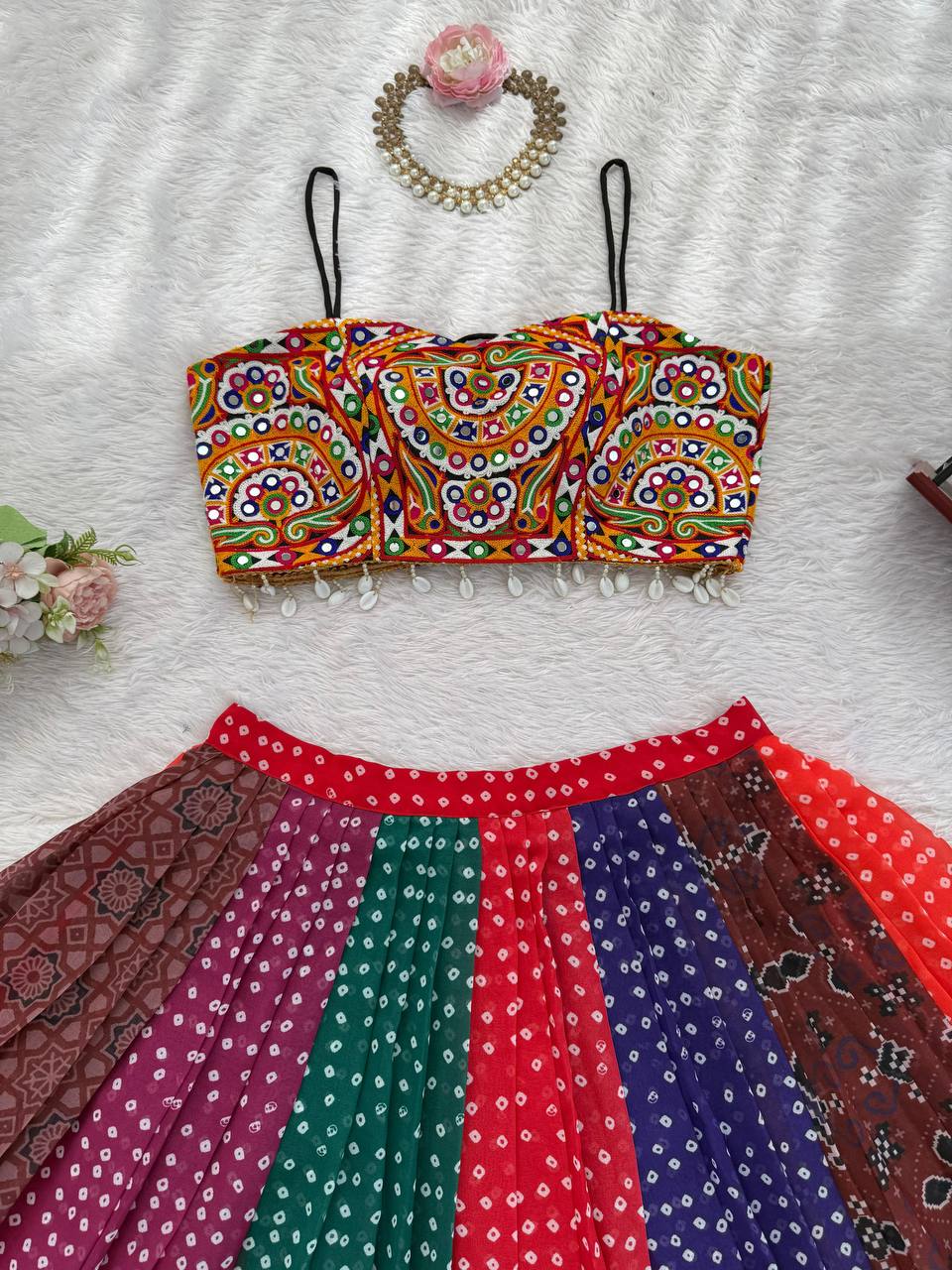 Navratri Multicolor Bandhani Print Chaniya Choli with Mirror Work Blouse Garba