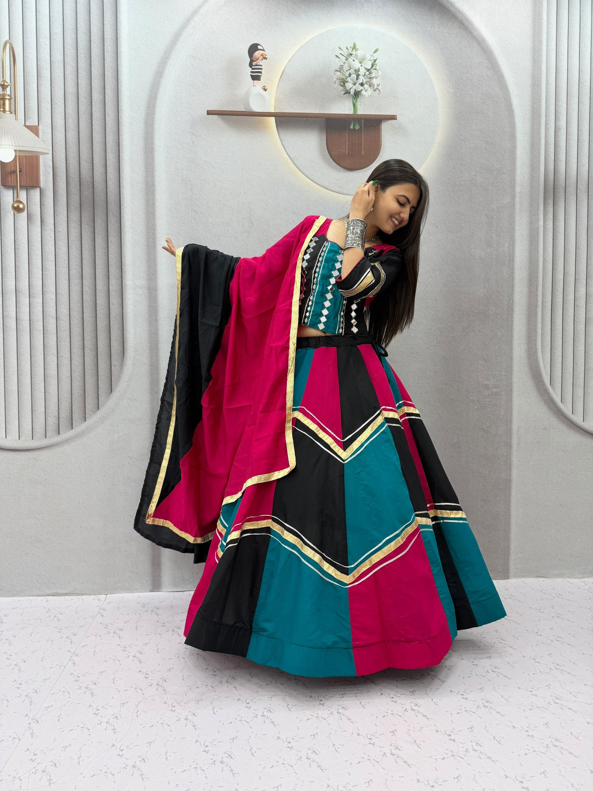Navratri Multicolor Chaniya Choli Pink Purple Gota Patti Mirror Work Garba