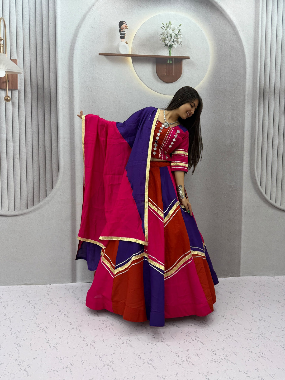 Navratri Multicolor Chaniya Choli Pink Purple Gota Patti Mirror Work Garba