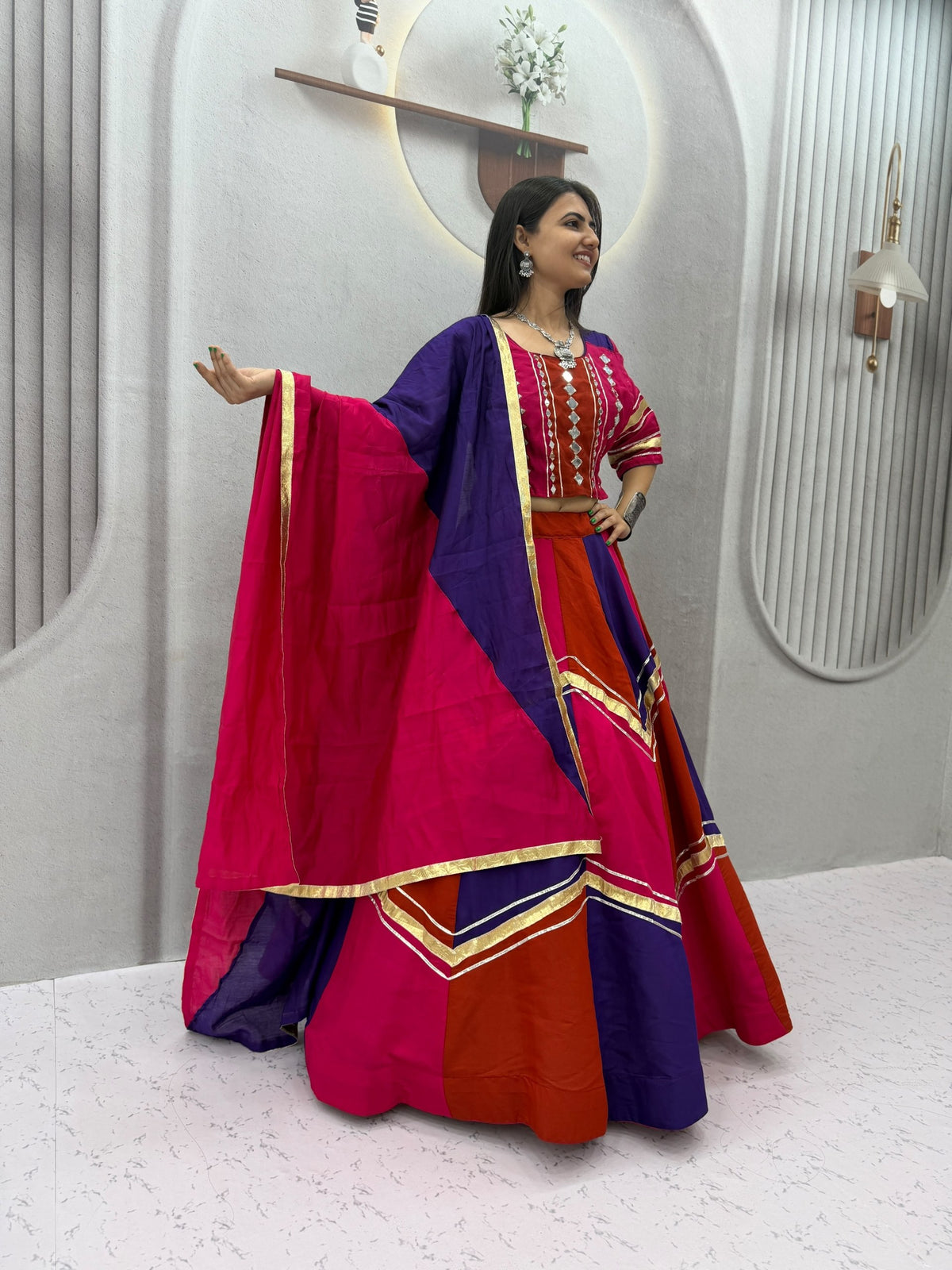 Navratri Multicolor Chaniya Choli Pink Purple Gota Patti Mirror Work Garba