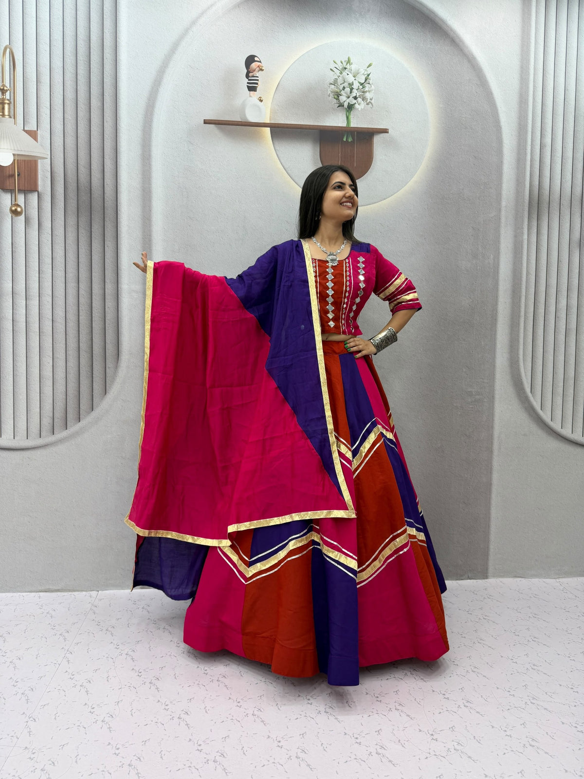 Navratri Multicolor Chaniya Choli Pink Purple Gota Patti Mirror Work Garba