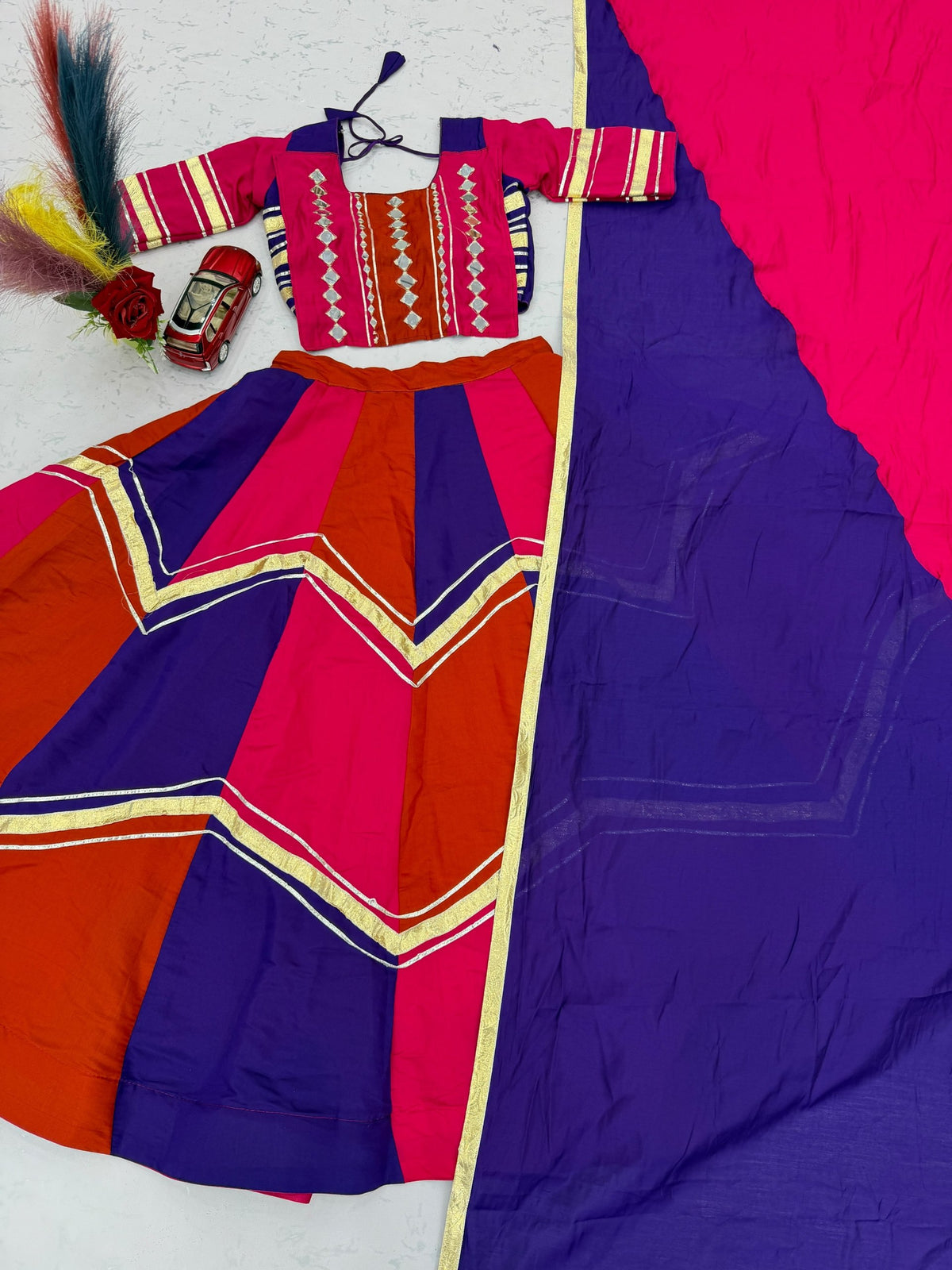 Navratri Multicolor Chaniya Choli Pink Purple Gota Patti Mirror Work Garba