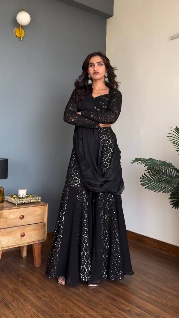 Black Sequins Embroidered Sharara Set Crop Top with Dupatta Party Wear Women