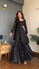 Black Sequins Embroidered Sharara Set Crop Top with Dupatta Party Wear Women