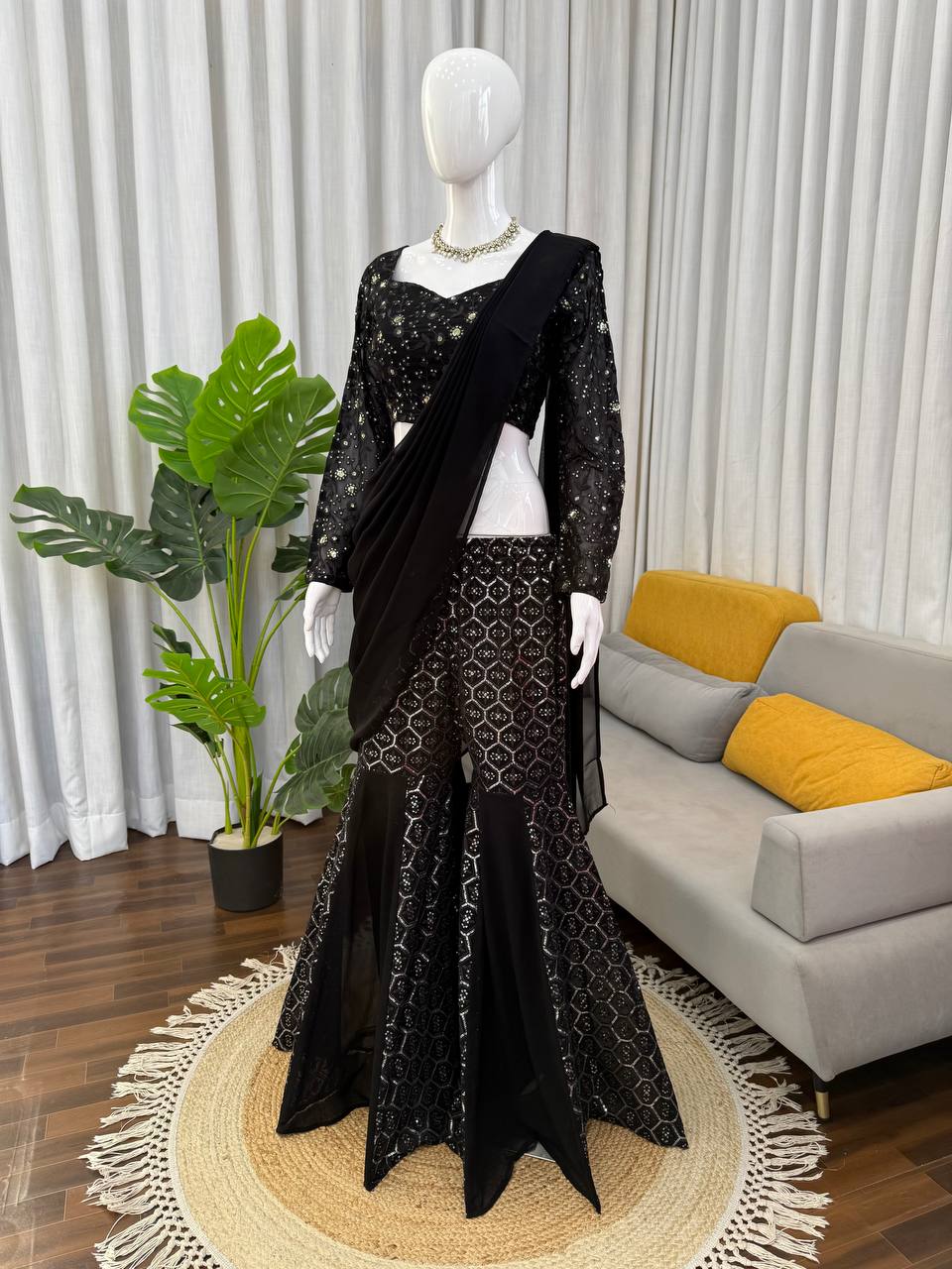 Black Sequins Embroidered Sharara Set Crop Top with Dupatta Party Wear Women