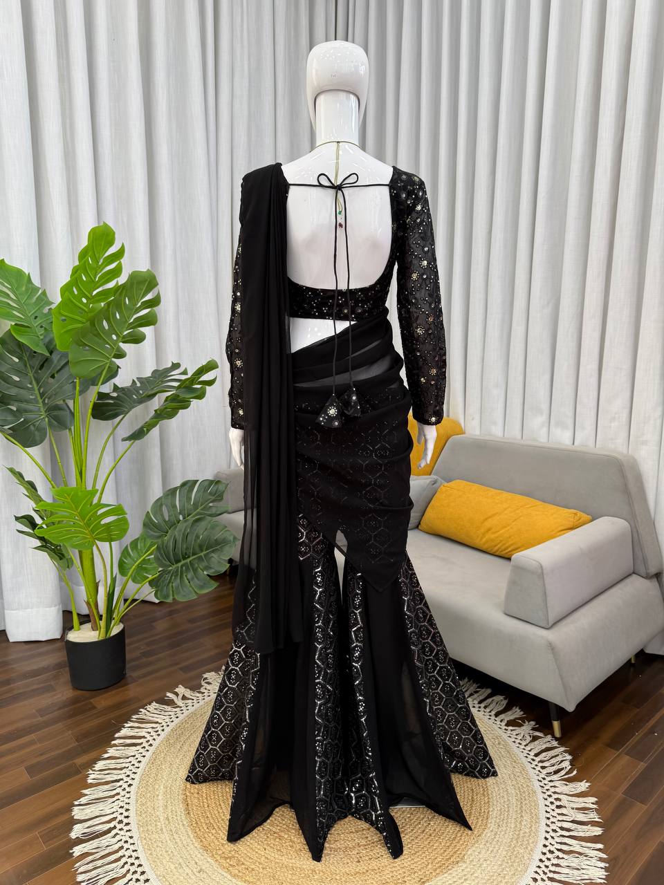 Black Sequins Embroidered Sharara Set Crop Top with Dupatta Party Wear Women