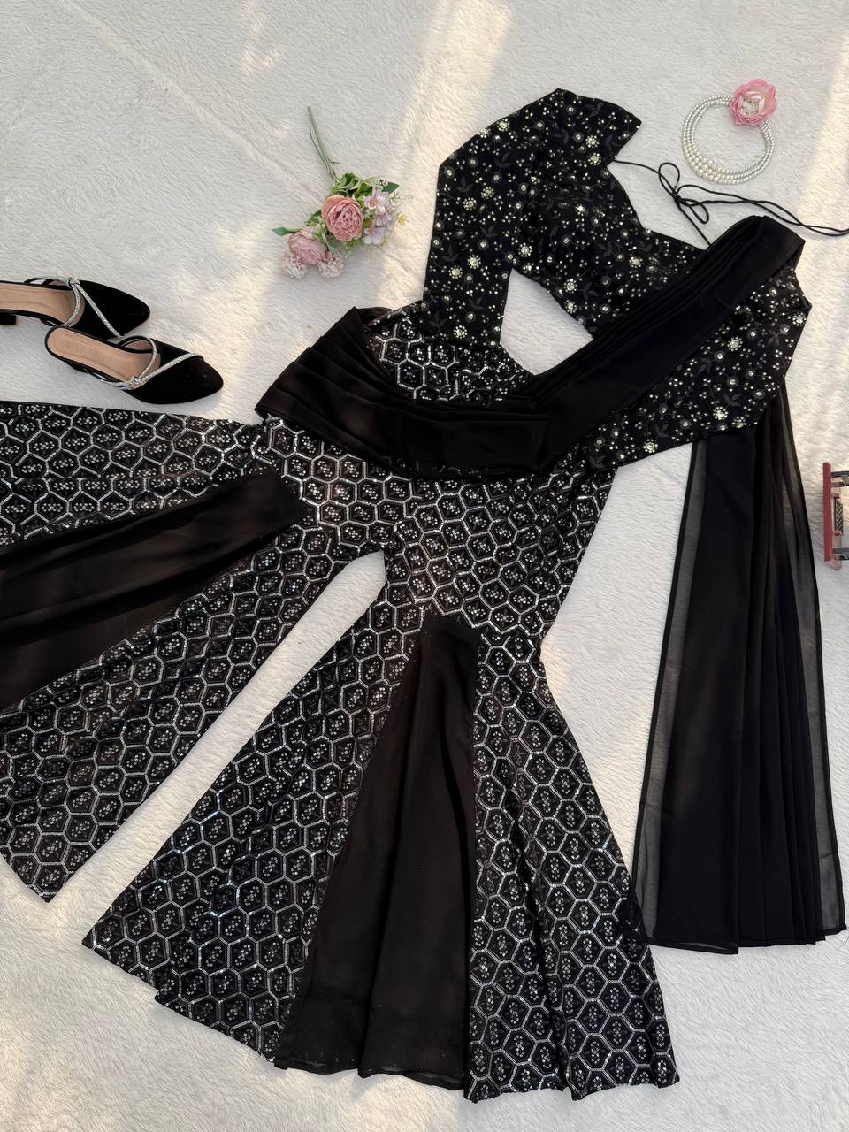 Black Sequins Embroidered Sharara Set Crop Top with Dupatta Party Wear Women