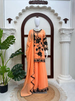 Peach Georgette Palazzo Suit Black Floral Sequins Embroidered Kurti Dupatta Set