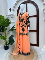 Peach Georgette Palazzo Suit Black Floral Sequins Embroidered Kurti Dupatta Set