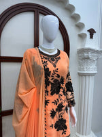 Peach Georgette Palazzo Suit Black Floral Sequins Embroidered Kurti Dupatta Set