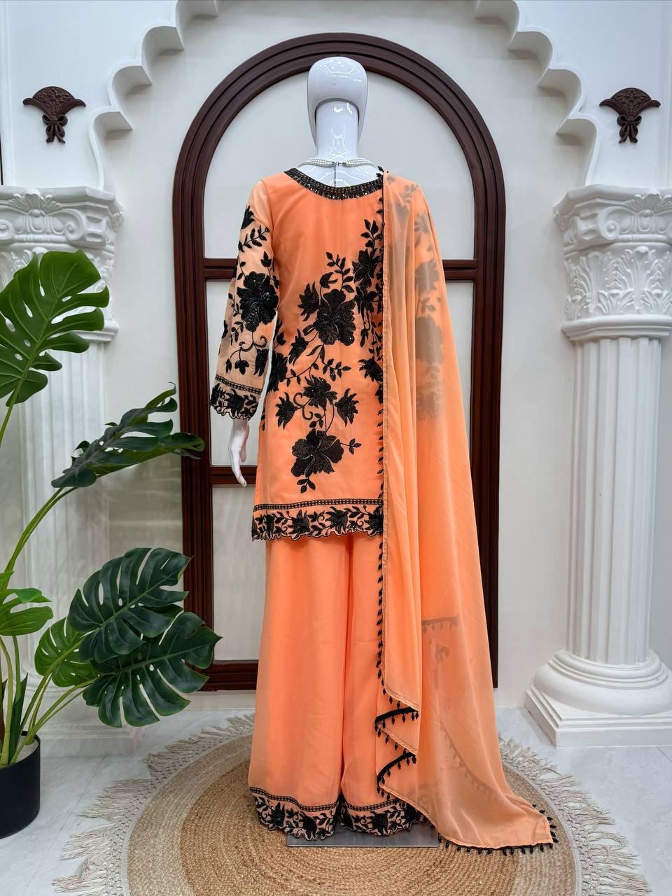 Peach Georgette Palazzo Suit Black Floral Sequins Embroidered Kurti Dupatta Set
