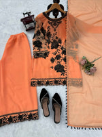 Peach Georgette Palazzo Suit Black Floral Sequins Embroidered Kurti Dupatta Set
