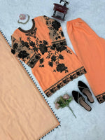 Peach Georgette Palazzo Suit Black Floral Sequins Embroidered Kurti Dupatta Set