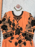 Peach Georgette Palazzo Suit Black Floral Sequins Embroidered Kurti Dupatta Set