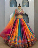 Navratri Multicolor Garba Print Chaniya Choli Real Mirror Work with Dupatta