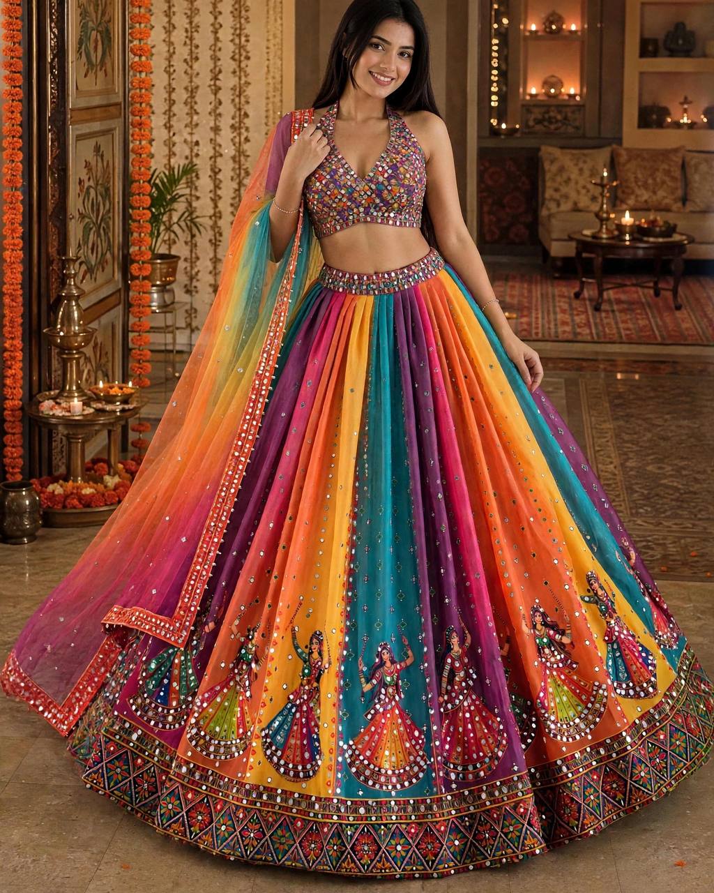 Navratri Multicolor Garba Print Chaniya Choli Real Mirror Work with Dupatta