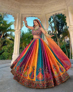 Navratri Multicolor Garba Print Chaniya Choli Real Mirror Work with Dupatta