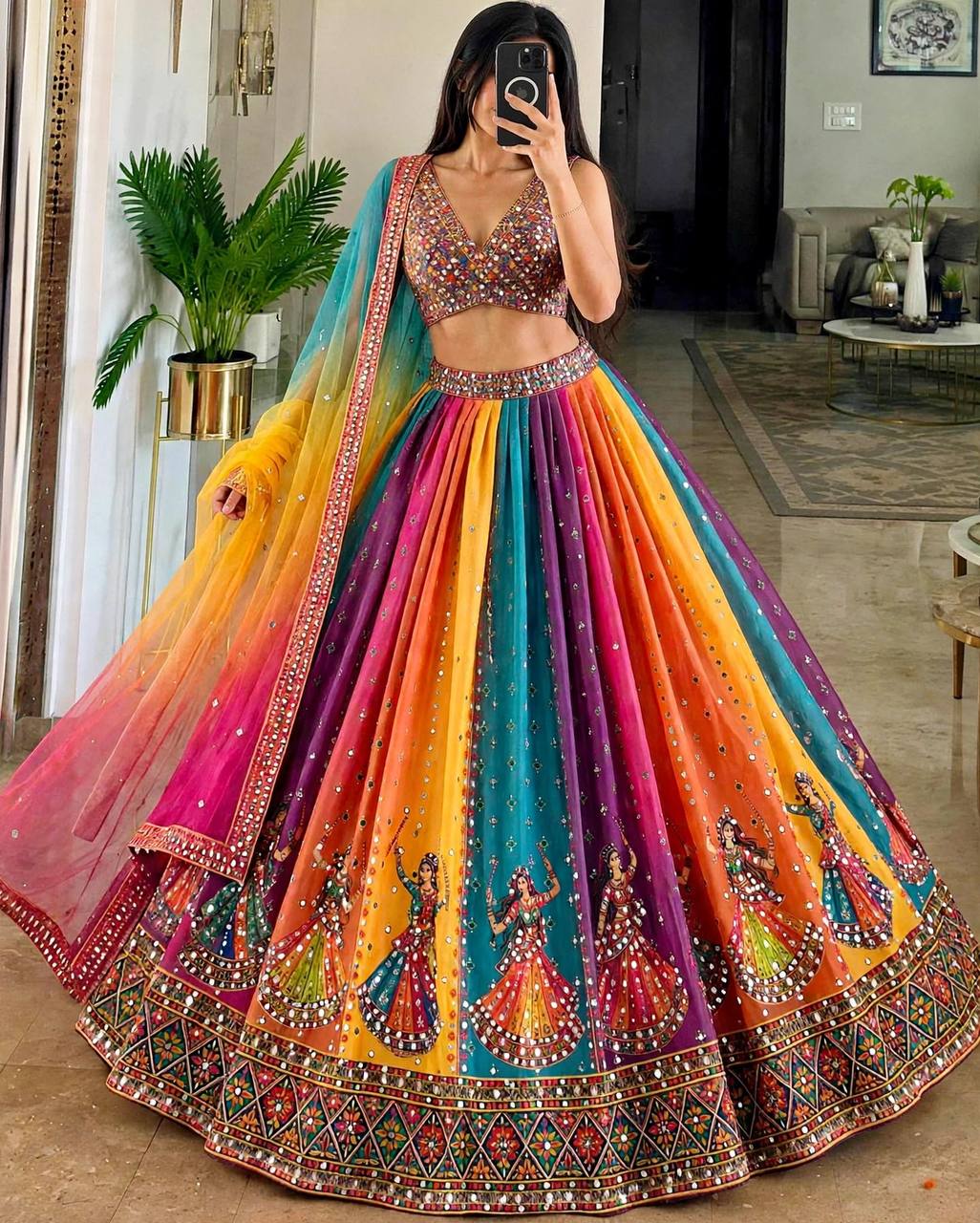 Navratri Multicolor Garba Print Chaniya Choli Real Mirror Work with Dupatta