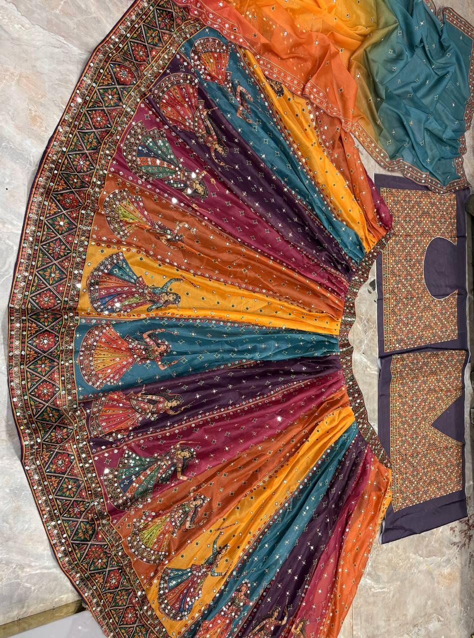 Navratri Multicolor Garba Print Chaniya Choli Real Mirror Work with Dupatta