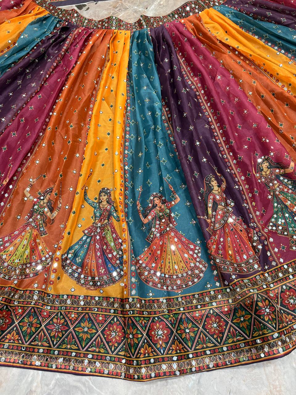 Navratri Multicolor Garba Print Chaniya Choli Real Mirror Work with Dupatta