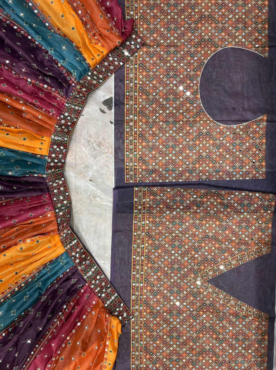 Navratri Multicolor Garba Print Chaniya Choli Real Mirror Work with Dupatta