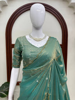Fendy Silk Saree Sea Green & Peach Pink Scalloped Border Party Wear for Women