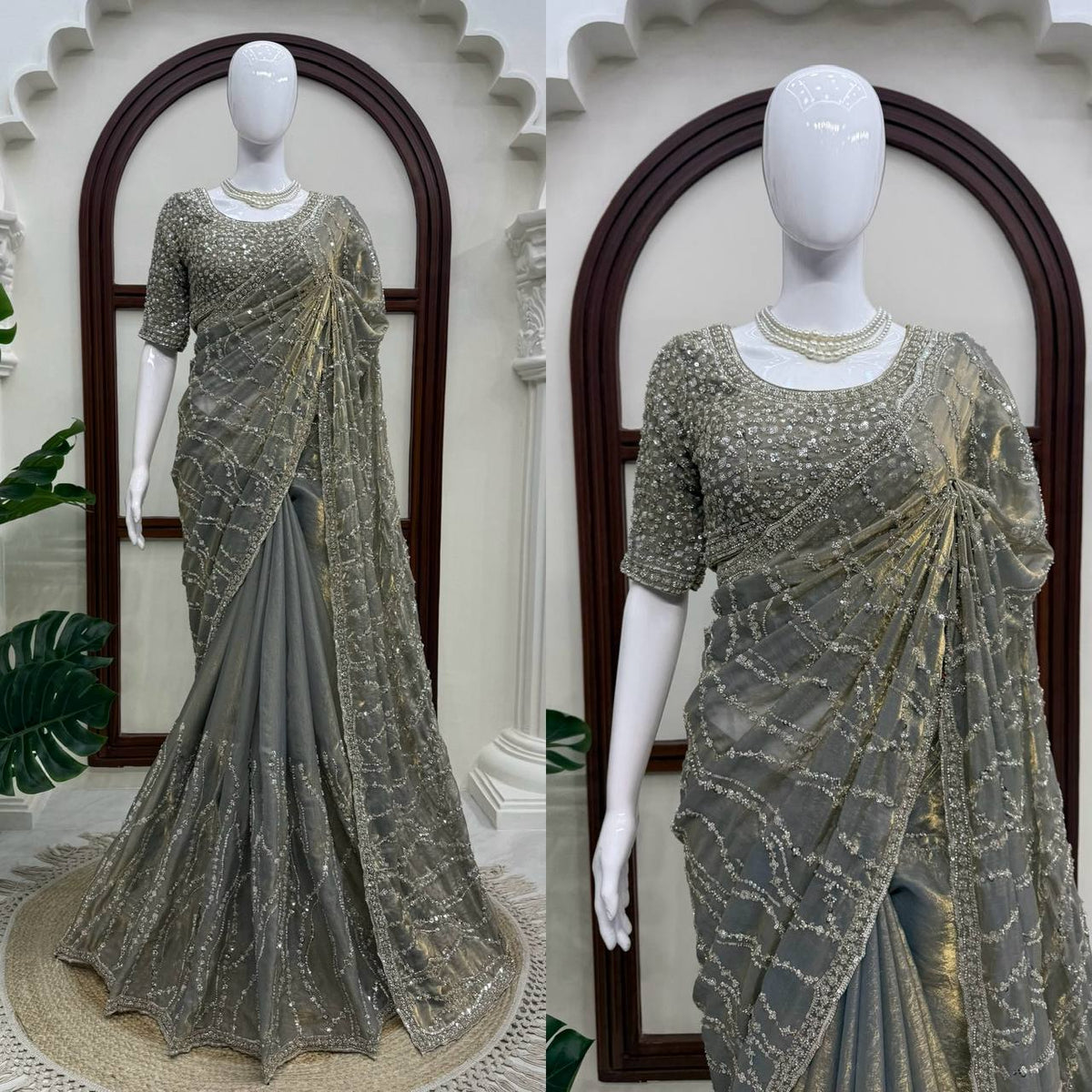 Grey Heavy Sequins Embroidered Tissue Saree with Blouse Wedding Party Wear