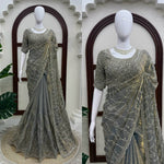 Grey Heavy Sequins Embroidered Tissue Saree with Blouse Wedding Party Wear