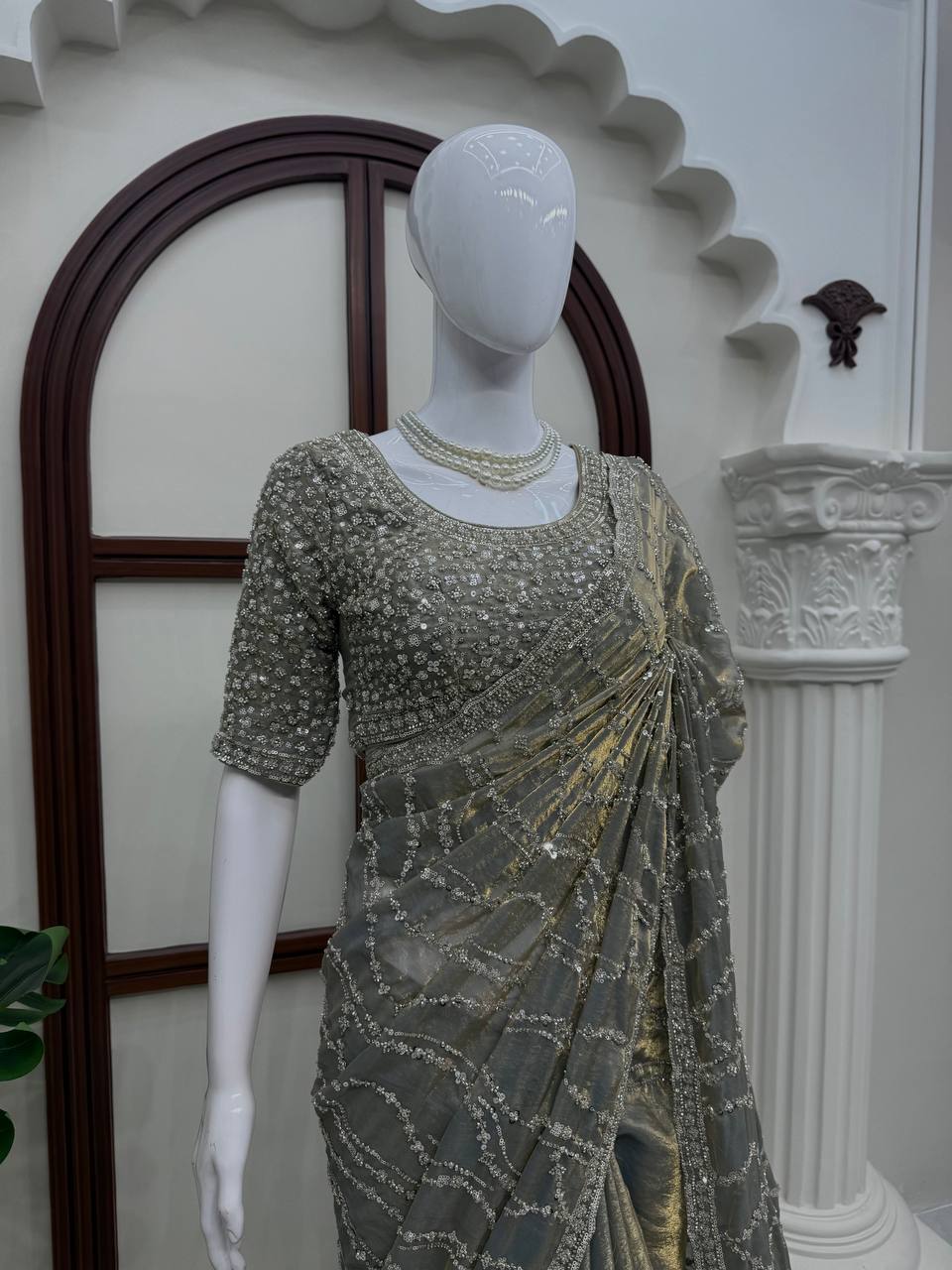 Grey Heavy Sequins Embroidered Tissue Saree with Blouse Wedding Party Wear