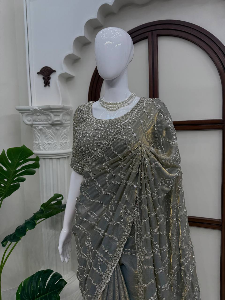 Grey Heavy Sequins Embroidered Tissue Saree with Blouse Wedding Party Wear