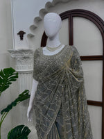 Grey Heavy Sequins Embroidered Tissue Saree with Blouse Wedding Party Wear