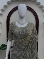 Grey Heavy Sequins Embroidered Tissue Saree with Blouse Wedding Party Wear