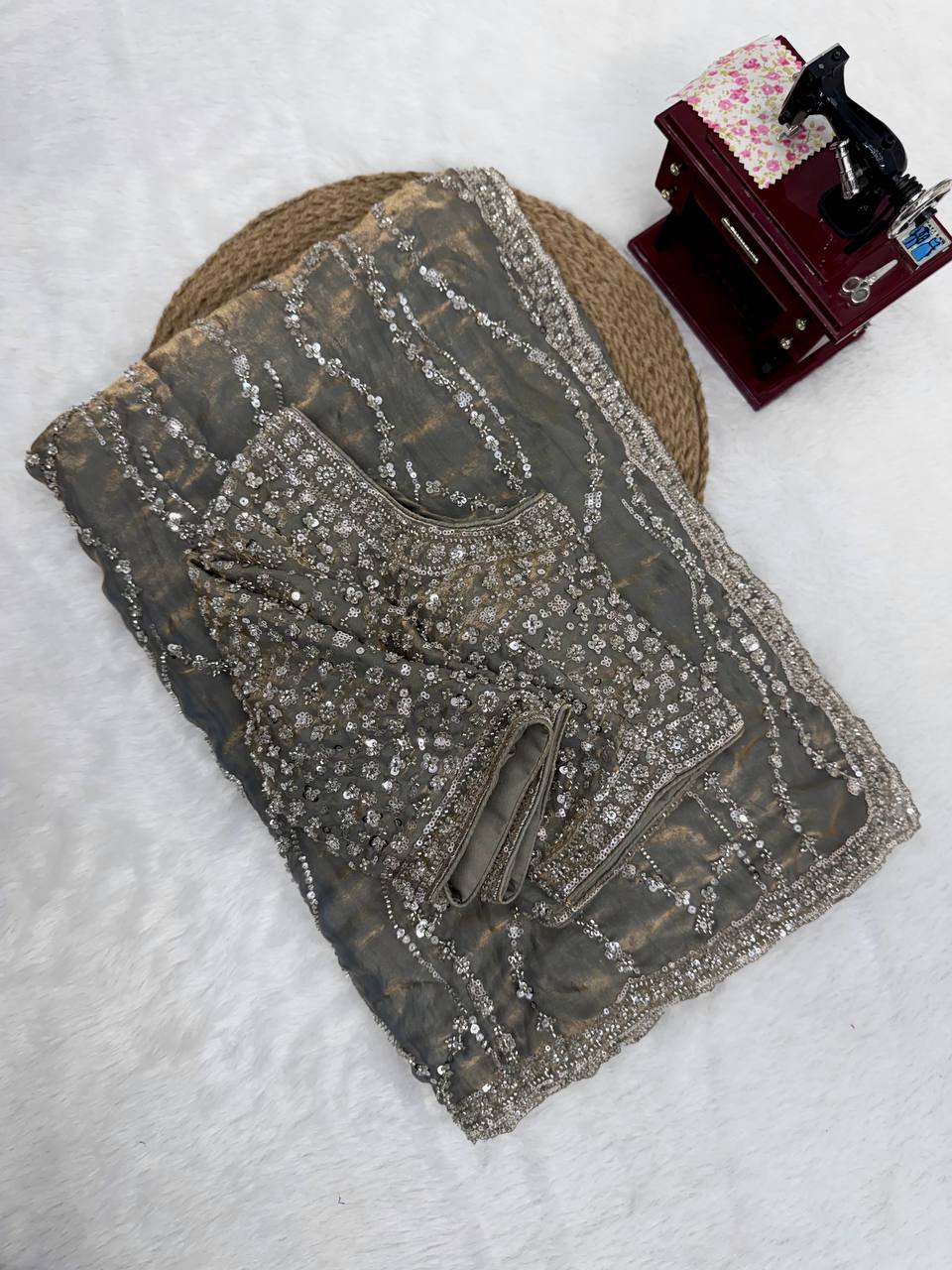 Grey Heavy Sequins Embroidered Tissue Saree with Blouse Wedding Party Wear