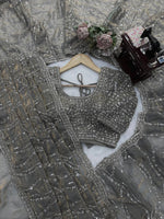 Grey Heavy Sequins Embroidered Tissue Saree with Blouse Wedding Party Wear