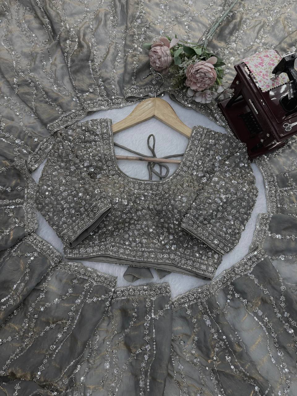 Grey Heavy Sequins Embroidered Tissue Saree with Blouse Wedding Party Wear